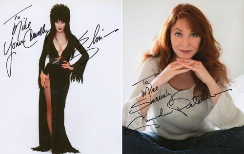 (L to R) Elvira in character and costume, what there is of it; Cassandra Peterson as she appeared at Comicon. Yeah, I bought these pictures, and we made each other laugh!
