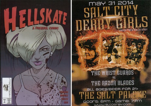 (L to R) Cover of Hellskate by Chris Bodily; Flyer for a local Roller Derby event.