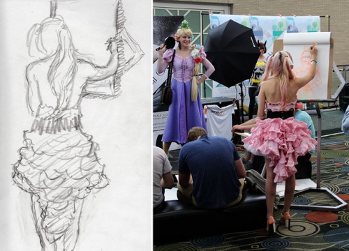 (L to R) Un-named model, sketched by M.E as she in turn was drawing a Cosplay lady wielding the frying pan.