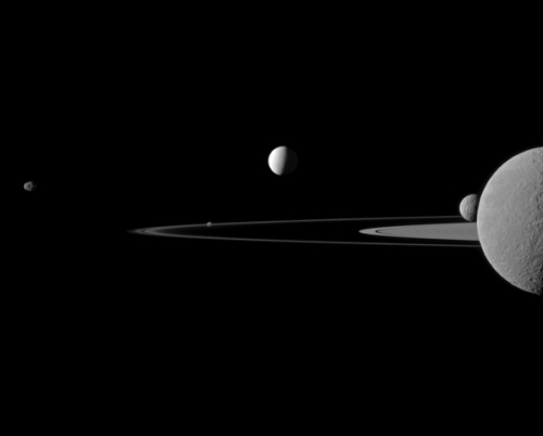 Five Saturnian moons, and a section of the rings, thanks to the Cassini spacecraft.